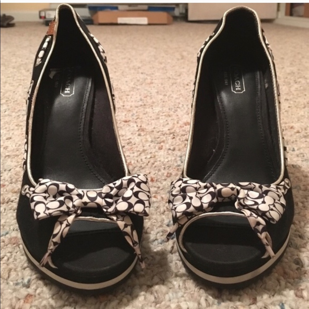 Coach Women’s Black & White Signature Bow Peep-Toe Wedges